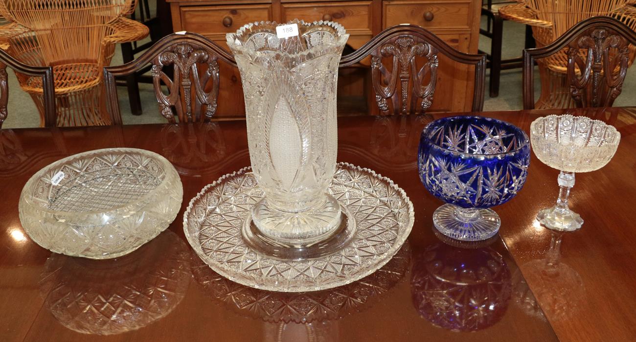 Lot 188 - Five pieces of good quality cut glass including an impressive vase and a blue flash glass...