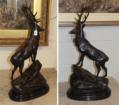 Lot 194 - After J Moigniez, a pair of cast bronze models of stags on plinth bases (2)