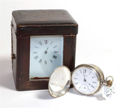 Lot 197 - A brass carriage timepiece with original fitted travelling case, and a full hunter pocket...
