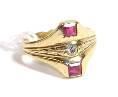 Lot 208 - A synthetic princess cut ruby and diamond three stone ring, stamped '14K', finger size U1/2