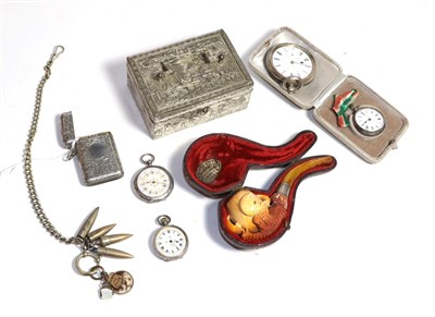 Lot 217 - A Sampson Mordon & Co. silver vesta, silver pocket watch, three silver fob watches and a watch...