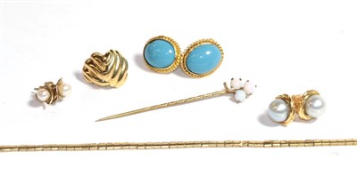 Lot 220 - A pair of turquoise earrings, indistinctly marked; three further pairs of earrings; a stick...