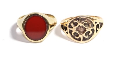 Lot 228 - A 9 carat gold cornelian signet ring, finger size R; and another textured signet ring, stamped...