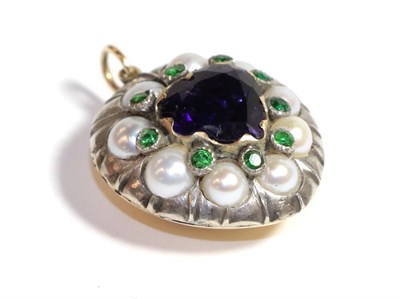 Lot 229 - A heart shaped purple stone, cultured pearl and green garnet pendant, length 2.7cm