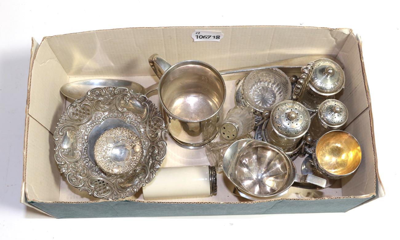 Lot 248 - A collection of silver, including: a Victorian silver condiment-set, on ball feet and engraved with
