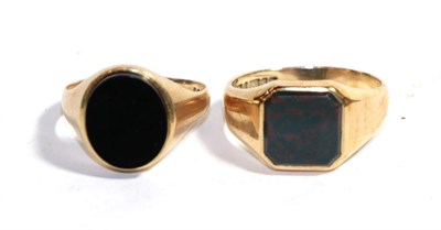 Lot 254 - Two 9 carat gold hardstone signet rings, finger sizes U and X