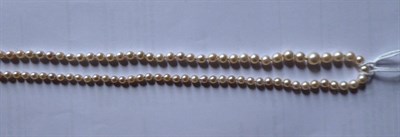 Lot 258 - A graduated single row cultured pearl necklace with a diamond set clasp, length 102cm (a.f.);...