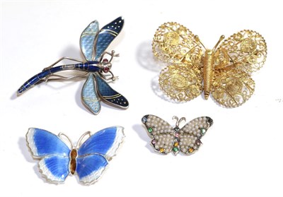 Lot 260 - Three butterfly brooches comprising of a blue and white enamel example, stamped 'STERLING...