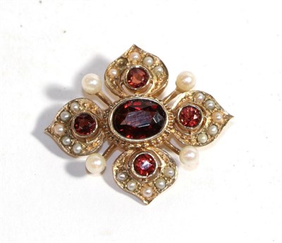 Lot 262 - A 9 carat gold garnet and cultured pearl brooch, length 3.0cm