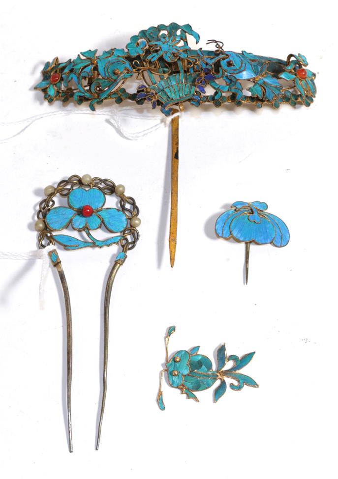 Lot 264 - A collection of gilt Chinese Kingfisher feather hair attachments including one decorated with...