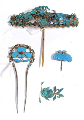 Lot 264 - A collection of gilt Chinese Kingfisher feather hair attachments including one decorated with...