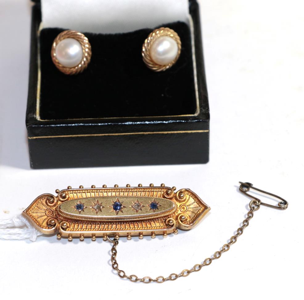 Lot 272 - A pair of 9 carat gold cultured pearl earrings; and a 15 carat gold Victorian gem set brooch,...