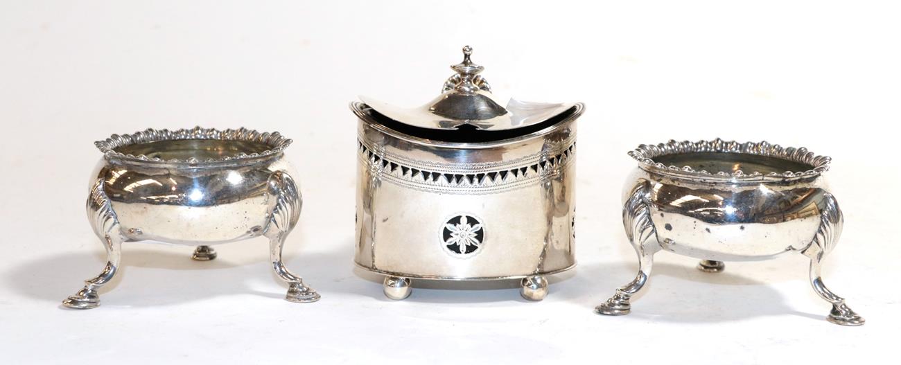 Lot 278 - A pair of George III silver salt-cellars and an Edward VII silver mustard-pot, the first...