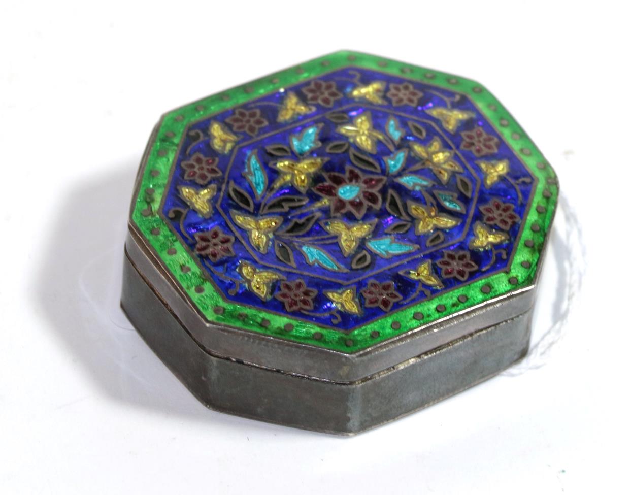 Lot 293 - A silver and enamel bonbonniere, apparently unmarked, possibly Indian, 19th century, oblong and...