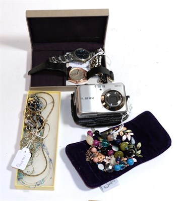 Lot 311 - A small quantity of costume jewellery including beaded necklaces, three wristwatches, a camera etc