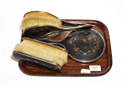 Lot 321 - A five piece silver and tortoiseshell dressing table set