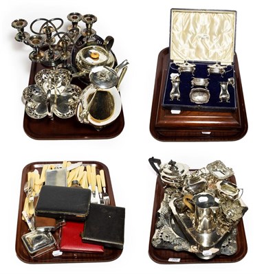 Lot 329 - A late Victorian silver six-piece condiment set, by Walker and Hall, cased; a case of six...