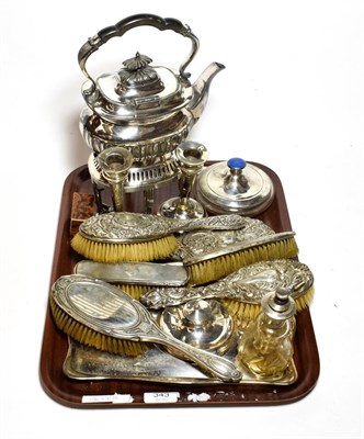 Lot 343 - A tray of silver dressing table items, silver candle sticks, Walk & Hall plated spirit kettle...