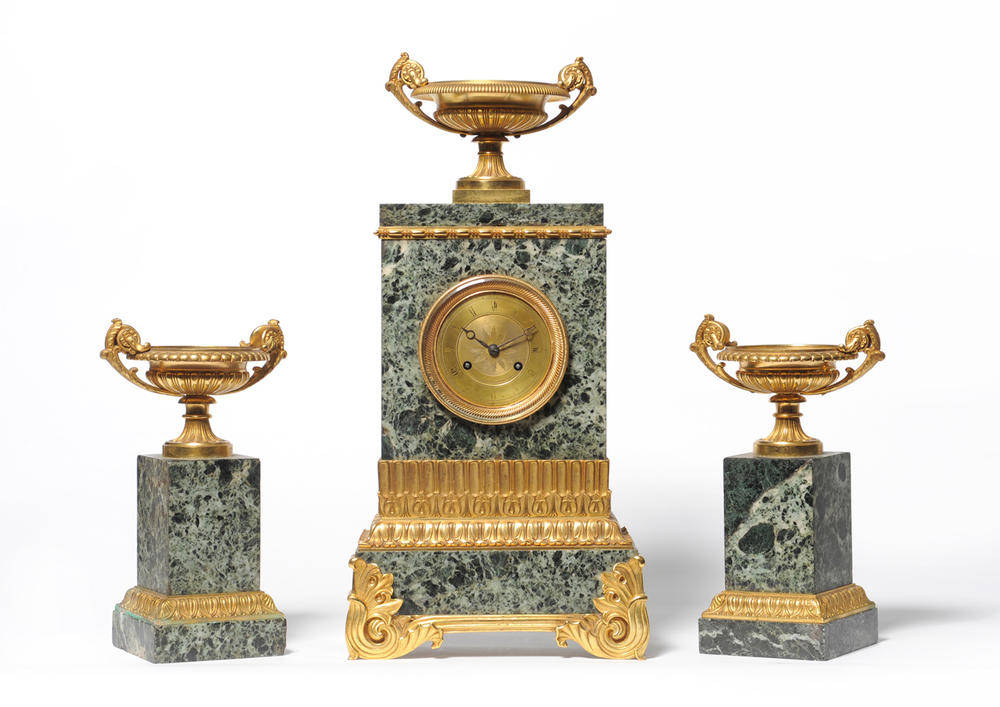 Lot 1039 - A French Green Marble and Ormolu Mounted Striking Mantel Clock with Garniture, circa 1880, the...