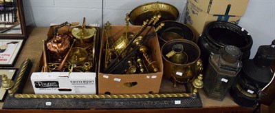 Lot 362 - A quantity of brass and copper including kettles, trivets, coal buckets, candlesticks, fire stools