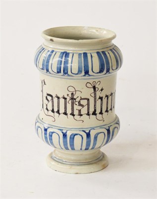 Lot 382 - A Savona Maiolica Alberello, early 18th century, of dumbbell form, inscribed in manganese Lantalimo