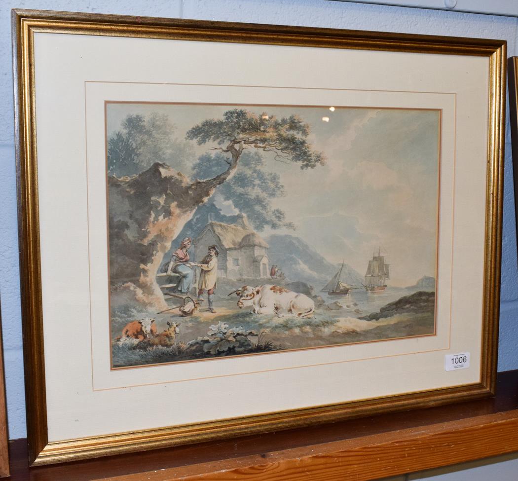 Lot 1006 - Peter La Cave (fl.1769-1817) Country folk in a romantic tryst, watercolour, 28.5cm by 40.5cm...