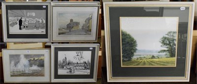 Lot 1031 - A pair of cartoons, after Holly, together with three landscape watercolours by various hands