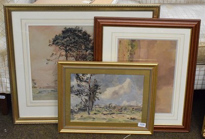 Lot 1036 - Fred Lawson (1888-1968) landscape with rabbits, signed mixed media, together with two further...