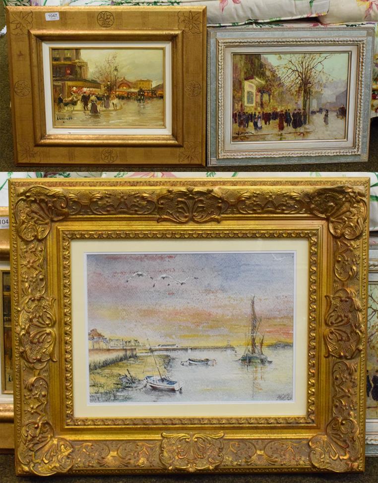 Lot 1047 - P.A Smith ''Dawn Headland'' signed mixed media, together with two 20th century French street scenes