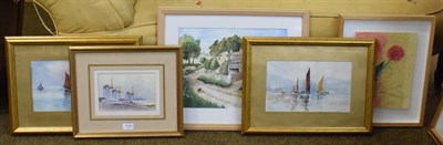 Lot 1048 - John Neale ''Windmills, Mykanos'' together with two 20th century watercolour studies of boats....