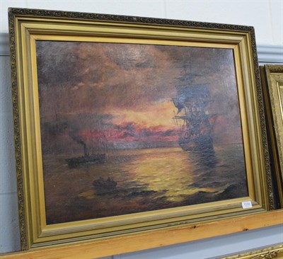 Lot 1056 - T.N Guy 19/20th century, red sky at night with ships, signed oil on canvas 50cm by 68cm