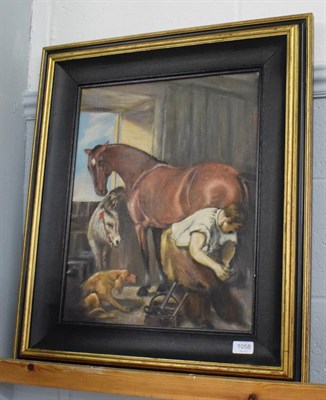 Lot 1058 - After Landseer, The shoeing, oil on canvas board, 50cm by 40cm