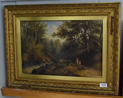 Lot 1059 - Joseph Mellor (1827-1888) River landscape with a mother and child carrying firewood, Signed, oil on