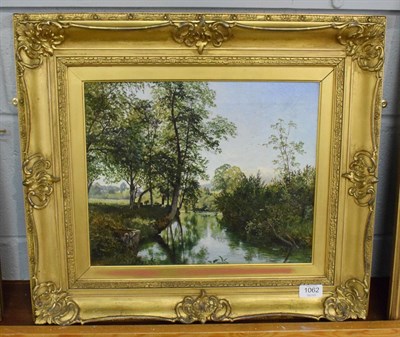Lot 1062 - Charles Collins (1851-1921) River landscape with cattle, signed oil on canvas 9cm by 36cm