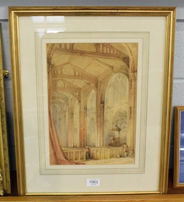 Lot 1063 - Circle of Samuel Prout (1783-1852), Cathedral interior, Pencil and watercolour, 33cm by 23.5cm