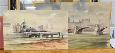 Lot 1066 - John Barrie Haste (1931-2011), ''Blackfriars Bridge'', signed and inscribed, mixed media,...