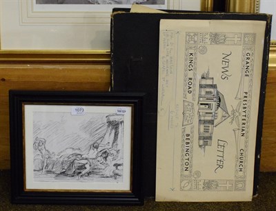 Lot 1073 - A framed pen and ink sketch depicting nude females; a folio of assorted prints and...