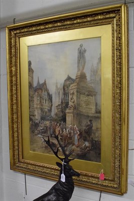 Lot 1083 - Paul Marny (1829-1914), ''The Joan of Arc Monument, Rouen'', signed, watercolour, 82cm by 60cm...