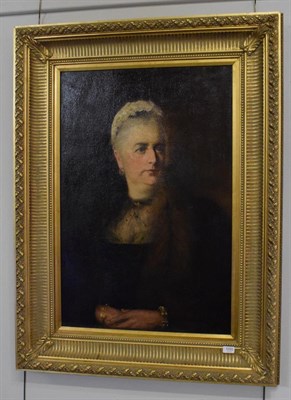 Lot 1085 - British School (19th century) Portrait of a lady in mourning clothes and a fur stole, oil on...