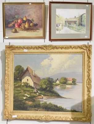 Lot 1087 - **Topsy (20th century), Country girl feeding ducks beside a lake, Indistinctly signed, oil on...
