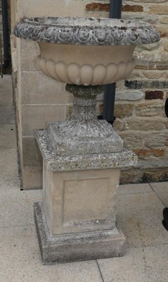 Lot 1104 - A composition garden urn, with egg and dat border and part gadrooned body, raised on a square...