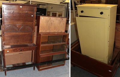 Lot 1145 - An oak hall stand and a yellow painted cabinet a stained pine blanket boxes, 55cm by 92cm by 46cm