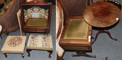 Lot 1150 - An Edwardian mahogany and parquetry decorated firescreen, inset with a needlework floral panel;...