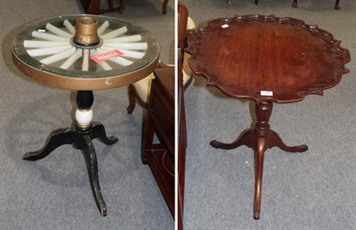 Lot 1168 - A glass topped cartwheel tripod table together with a pie-crust table