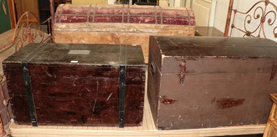 Lot 1195 - Three various American trunks, comprising an iron bound example with contents bearing plaque...