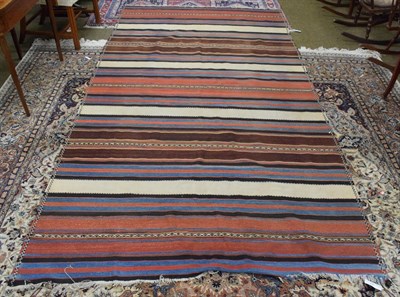 Lot 1277 - Fars kilim, the field of narrow and wide polychrome bands interspersed by geometric devices,...