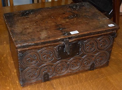 Lot 1288 - An 18th century panelled oak bible box with wheel carved decoration to the front panel