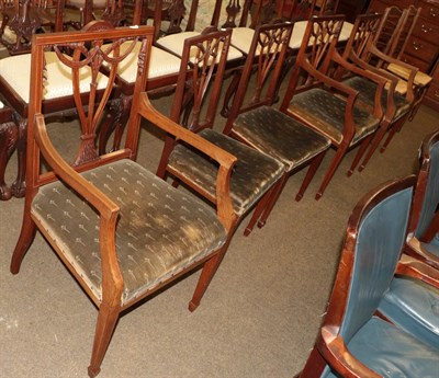 Lot 1297 - A set of five mahogany chairs including three carvers, together with a pair of rush seated...