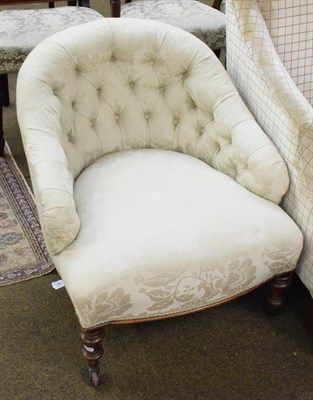 Lot 1304 - A Victorian walnut framed armchair, late 19th century, recovered in buttoned and floral silk...