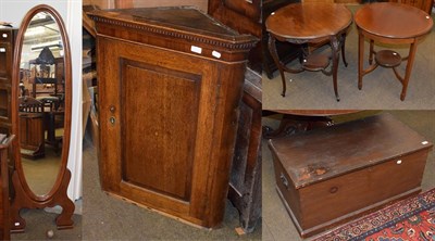 Lot 1368 - Two mahogany two-tier occasional table, stained pine blanket box, cheval mirror and a George...